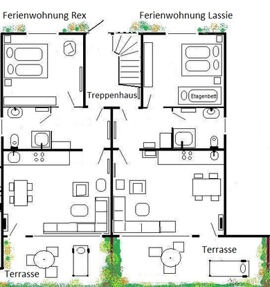 Haus See und Hund - Grundriss der Ferienwohnungen Lassie und Rex im Erdgeschoss